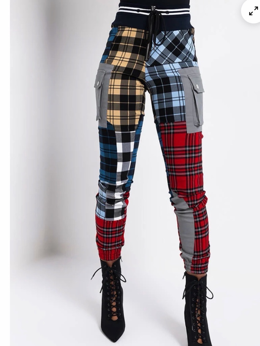 AKIRA Multicolor Plaid Patchwork Cargo Joggers